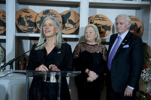 Susan Axelrod speaks to guests as Constance Milstein & J.C. de La Haye St Hilaire look on (Photo: Haddad Media).